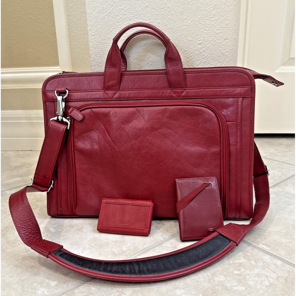 Wilsons Leather Red Zip Briefcase Document Case Shoulder Strap Attache Organizer
